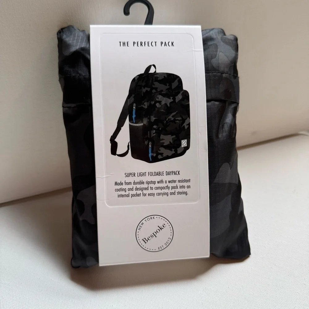 Bespoke Black Camouflage Backpack Foldable Travel Bag NWT